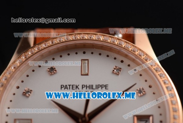 Patek Philippe Calatrava Miyota 9015 Automatic Rose Gold Case with White Dial Brown Leather Strap and Diamonds Markers Diamonds Bezel - Click Image to Close